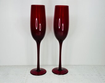 Ruby Red Champagne Flutes, Ruby Red Stemmed Glasses, Red Champagne Glasses, Ruby Red Flute Glasses