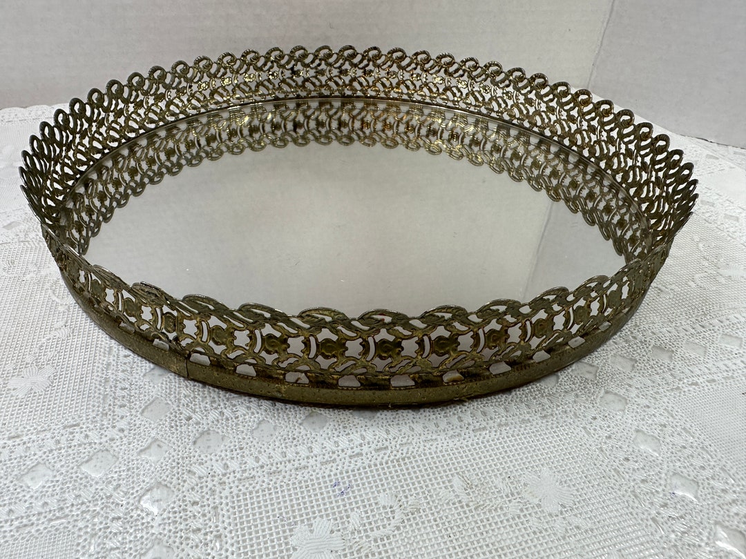 Vintage Round Mirror Vanity Tray Gold Tone Round Mirrow Etsy