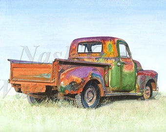 Multi colored 1950s pickup - Reproduction of Original Watercolor Painting