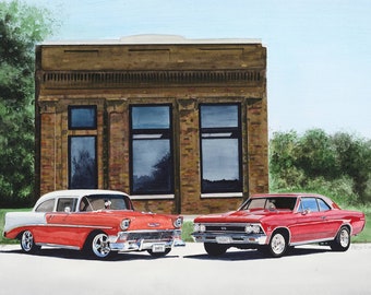 Chevys 1956 and 1966 - Giclee Reproduction of Original Watercolor Painting