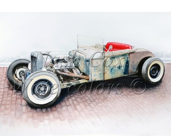 Rat Rod-Roadster-Tbucket- Reproduction of Original Watercolor Painting