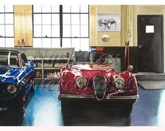 1954 Jaguar and 1967 Mustang - Reproduction of Original Watercolor Painting