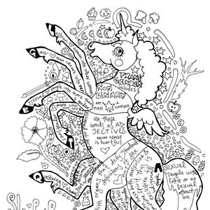May include: Black and white line art illustration of a unicorn with eight legs, called "Sleipnir the Queericorn". The illustration includes text about gender identity, sexual orientation, and the use of language.