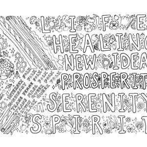 May include: Black and white line art illustration of a word cloud with the words "Life", "Healing", "New Ideas", "Prosperity", "Serenity", and "Spirit". The words are surrounded by various small illustrations of flowers, plants, and other natural elements.