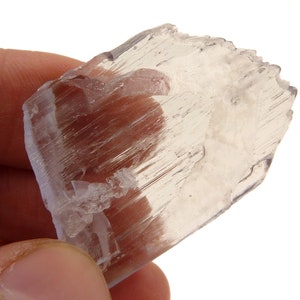May include: A translucent, light-colored selenite crystal with a layered, fibrous structure. The crystal has a rough, uneven edge and a slightly curved shape. The background is white.