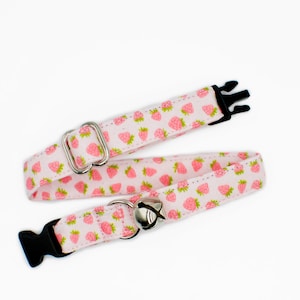 May include: A pink and white dog collar with a strawberry print and black plastic buckles.