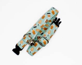 Coffee Cup Cat Collar: Blue with Lattes Print- Breakaway or Non-Breakaway- Puppy, XSmall Dog