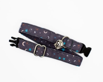 Moon & Star Cat Collar: Night Sky- Celestial- Breakaway or Non-Breakaway Buckle- Puppy- XSmall Dog
