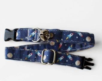 Rocket Cat Collar: Space Galaxy- Navy Cotton- Breakaway or Non-Breakaway Buckle- Puppy- XSmall Dog