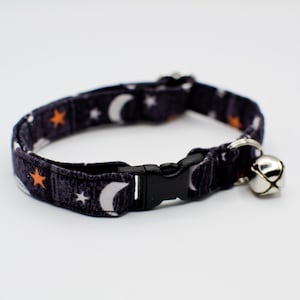Halloween Cat Collar: Eyeballs, Moon & Stars, Paint Splatter, Grafitti -Breakaway or Non-Breakaway Buckle-Puppy-XSmall Dog Moons & Stars