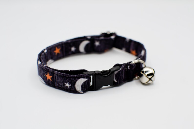 Halloween Cat Collar: Eyeballs, Moon & Stars, Paint Splatter, Grafitti -Breakaway or Non-Breakaway Buckle-Puppy-XSmall Dog Moons & Stars