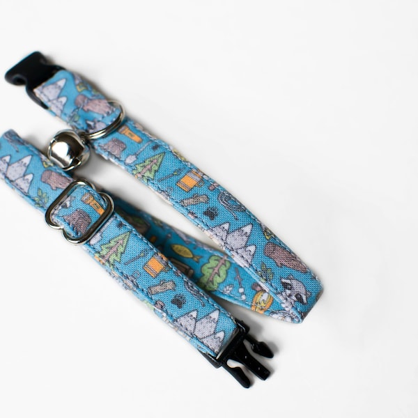 Camping Cat Collar: Mountains, Wilderness- Blue Cotton- Breakaway or Non-Breakaway Buckle- Puppy- XSmall Dog