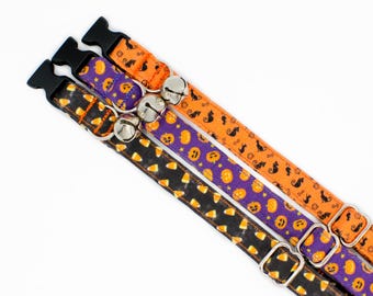 Halloween Cat Collar: Candy Corn, Pumpkin, Black Cat Print- Breakaway, Non-Breakaway- Puppy, XSmall Dog
