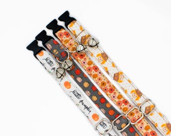 Collier d'automne pour chat : citrouille, épouvantail, motifs automnaux - Boucle à ouverture facile ou fixe - Chiot, très petit chien