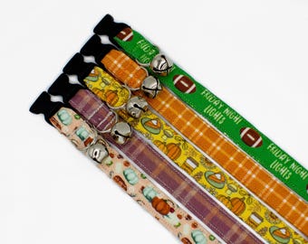 Collier d'automne pour chat - Motifs à carreaux, citrouilles, Thanksgiving, tarte, football - Boucle de sécurité ou non - Chiot - Très petit chien