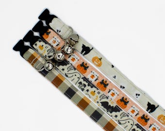 Collier pour chat d'Halloween : fantômes, chauves-souris, citrouilles, chats noirs, carreaux Buffalo - Boucle à ouverture facile ou fixe - Chiot ou très petit chien