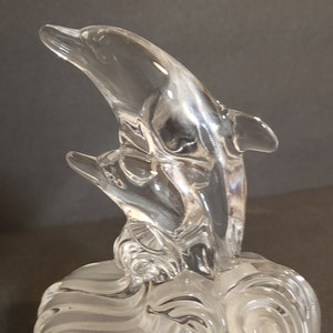 Vintage Cristal D&#39;Arques of France unsigned Genuine Lead Crystal two Dolphins Mother Child figurine Jumping Playing Swimming Frosted Base