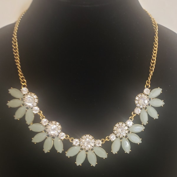 J Crew light green and clear rhinestones floral gold toned pendant necklace 19" adjustable