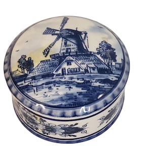 Vintage Delft Windmill Trinket Box Holland Blue White Round Jasmijn Holland