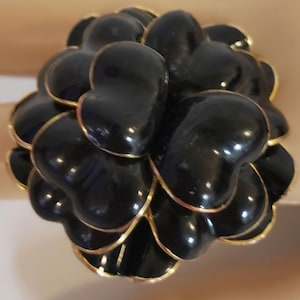 Gold toned adjustable ring with black enamel cluster of hearts stones statement ring cocktail ring