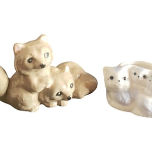 Set of 2 miniature ceramic figurines to gray foxes and mother cat with kittens trinket dish
