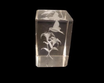 Vintage glass paperweight with 3D Hummingbird feeding on flowers image etched inside