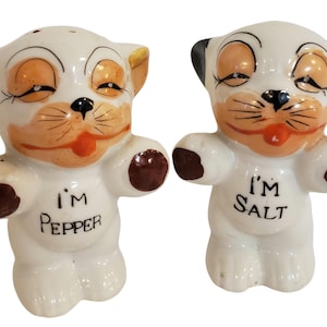 George Studdy Bonzo Dog I&#39;m Pepper I&#39;m Salt Shaker Hand Painted Vintage Japan Lusterware