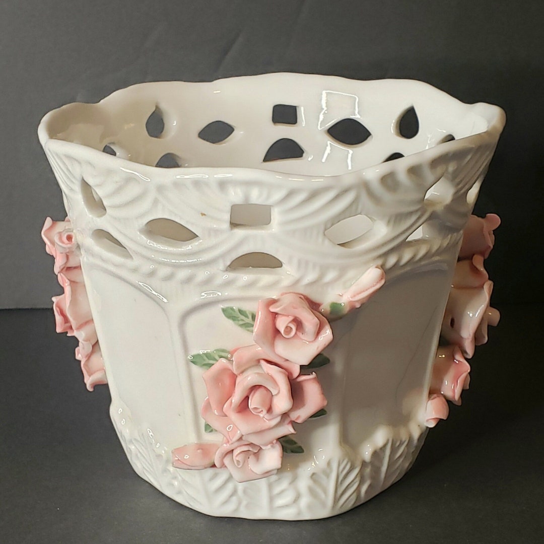 Bloom Rite White Planter With Raised Roses and Decorative Cut Outs ...