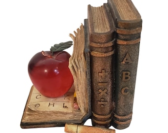Vintage Teacher Bookend Resin Faux Leather Library Stack Open ABC Book Red Apple School Classroom Decor Mid Century Schoolhouse Study Decor