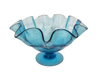 Bischoff Art Glass Aqua Blue Pedestal Centerpiece Bowl featuring a ruffled top edge and controlled bubbles