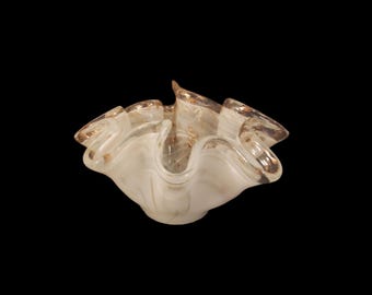 Antonio Tammaro Art Glass Bowl: White, Clear, Gold Flecks, Murino Style Handkerchief Candle Holder