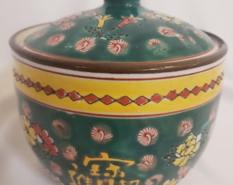 Chinese Lidded Porcelain Jar Green  Enamel with Flower and Calligraphy Designs Chinese Storage Jar Chinese mark on bottom