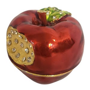 Red Apple Enameled Bejeweled Jewelry Trinket Box Magnetic