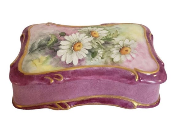 Vintage Ceramic Handpainted Rectangular Trinket J… - image 1