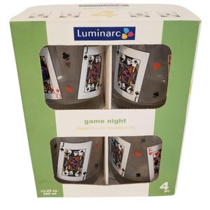 Lot de 4 verres à boire doubles en verre Soirée de jeux pour cartes à jouer 13,25 OZ dans la boîte d'origine par Luminarc