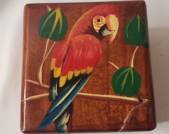 Small Hand painted square colorful wooden box with parrot on lid Jewelry Box trinket box