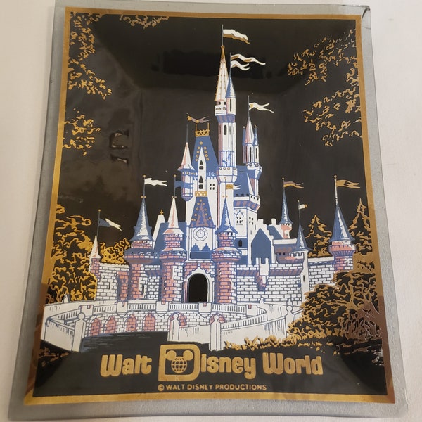 Walt Disney World glass rectangle Trinket dish with Cinderella's Castle on front Black Gold White