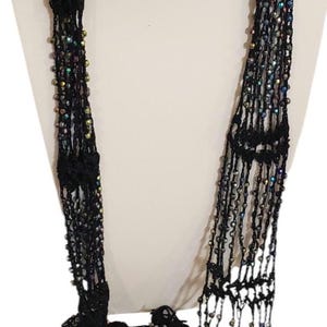 Black sparkly Beaded Scarf Necklace with Fringe