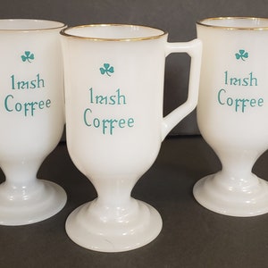 Set of 3 Federal Glass Irish Coffee Milk Glass Mugs Green Shamrock with Gold Trim