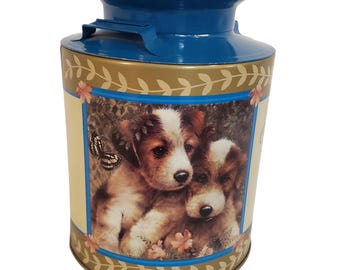 Vintage mini milk can style tin with puppies, Decorative tin 5 inch