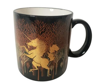 Black Metallic paint Unicorn and trees Coffee Tea mug Cup Otagiri Japan