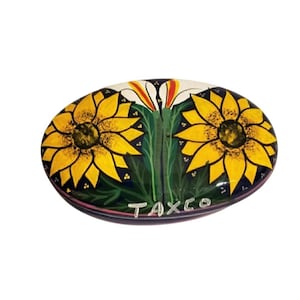 Taxco Mexico Hand Painted Sunflower and Lilly pottery covered oval trinket dish Blue Yellow Green White pink