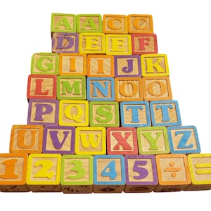 Set of 36 wooden alphabet and number blocks (missing letters B H R)  and extras