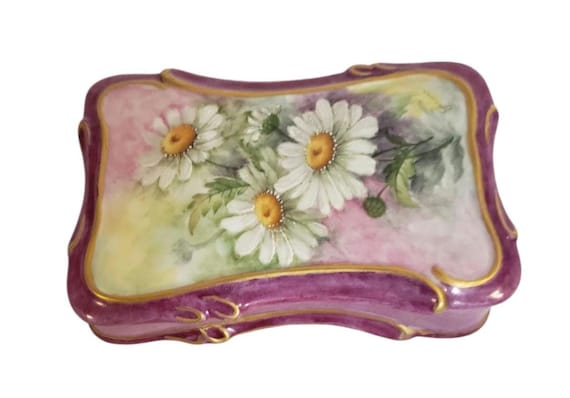 Vintage Ceramic Handpainted Rectangular Trinket J… - image 2