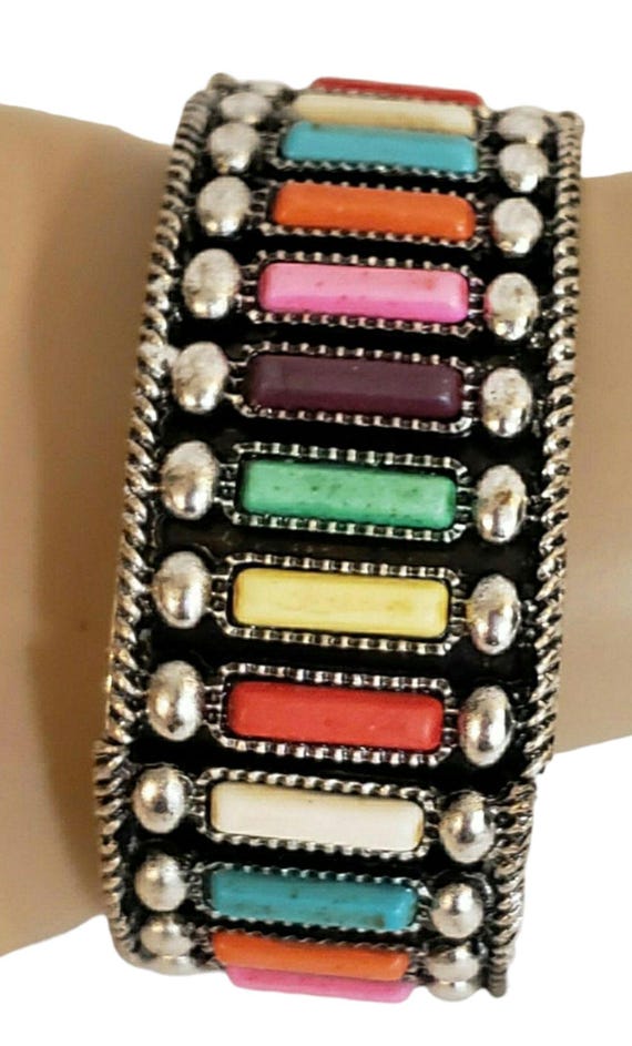 Multi Colored Silver toned beaded Cuff Bracelet - image 1