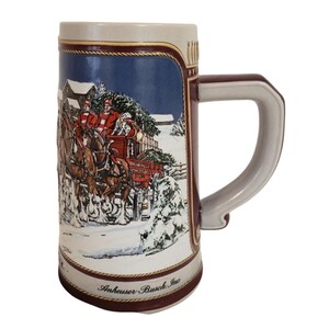 Vintage Budweiser Clydesdales horses Beer Stein Ceramic Mug cup 1989 Winter Scene