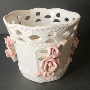 Bloom Rite White Planter With Raised Roses and Decorative Cut Outs ...