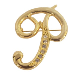 Gold Toned Letter P Monogram pin Brooch with clear rhinestones