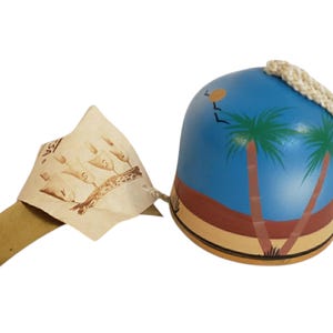 Tesa Pottery Wind Chime Hand Painted NWT Palm trees with birds Design Brass colored metal and ceramic Chime