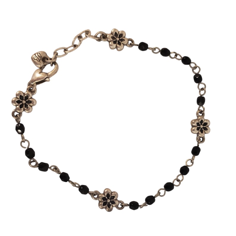 Tornozeleira Brighton prateada e preta com miçangas florais, 25 cm (10 polegadas) imagem 1